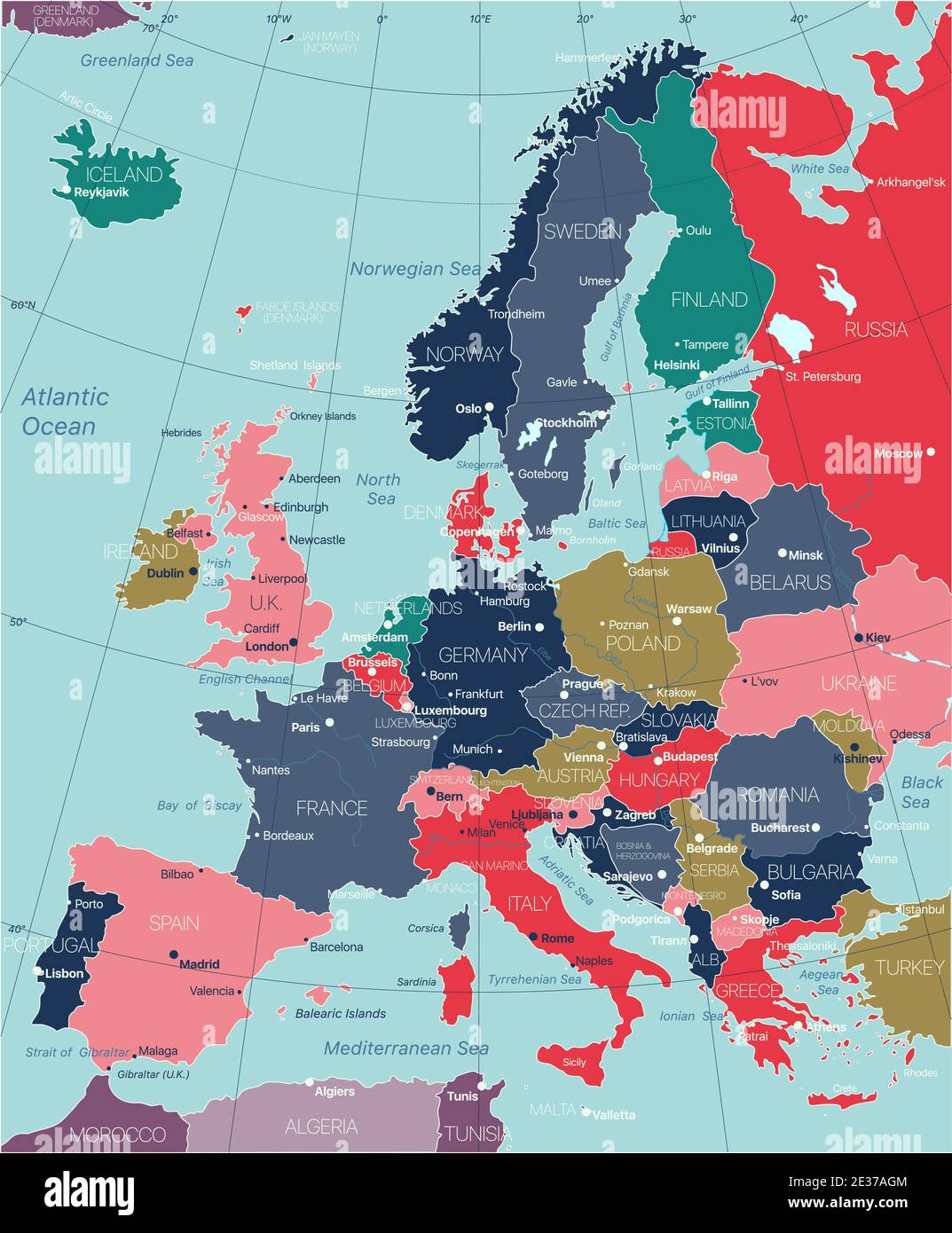 Europe Carte Detaillee Modifiable Avec Regions Villes Routes Et Chemins De Fer Fichier Vectoriel Eps 10 Image Vectorielle Stock Alamy