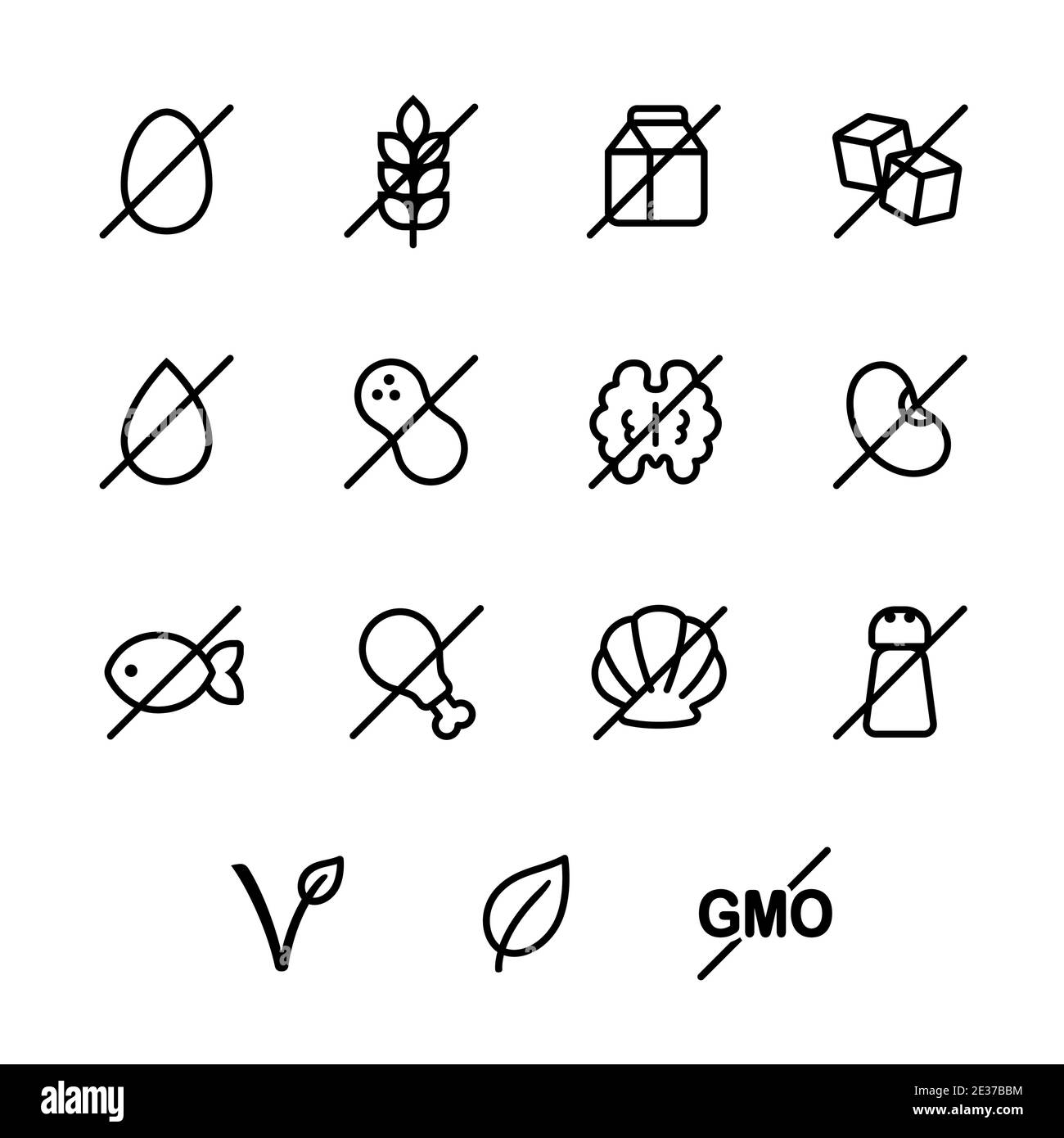 Ensemble d'icônes d'ingrédients pour les étiquettes nutritionnelles. Allergies (sans gluten, produits laitiers, soja, noix et plus), sucre et sel, symboles végétariens et biologiques. Illustration de Vecteur