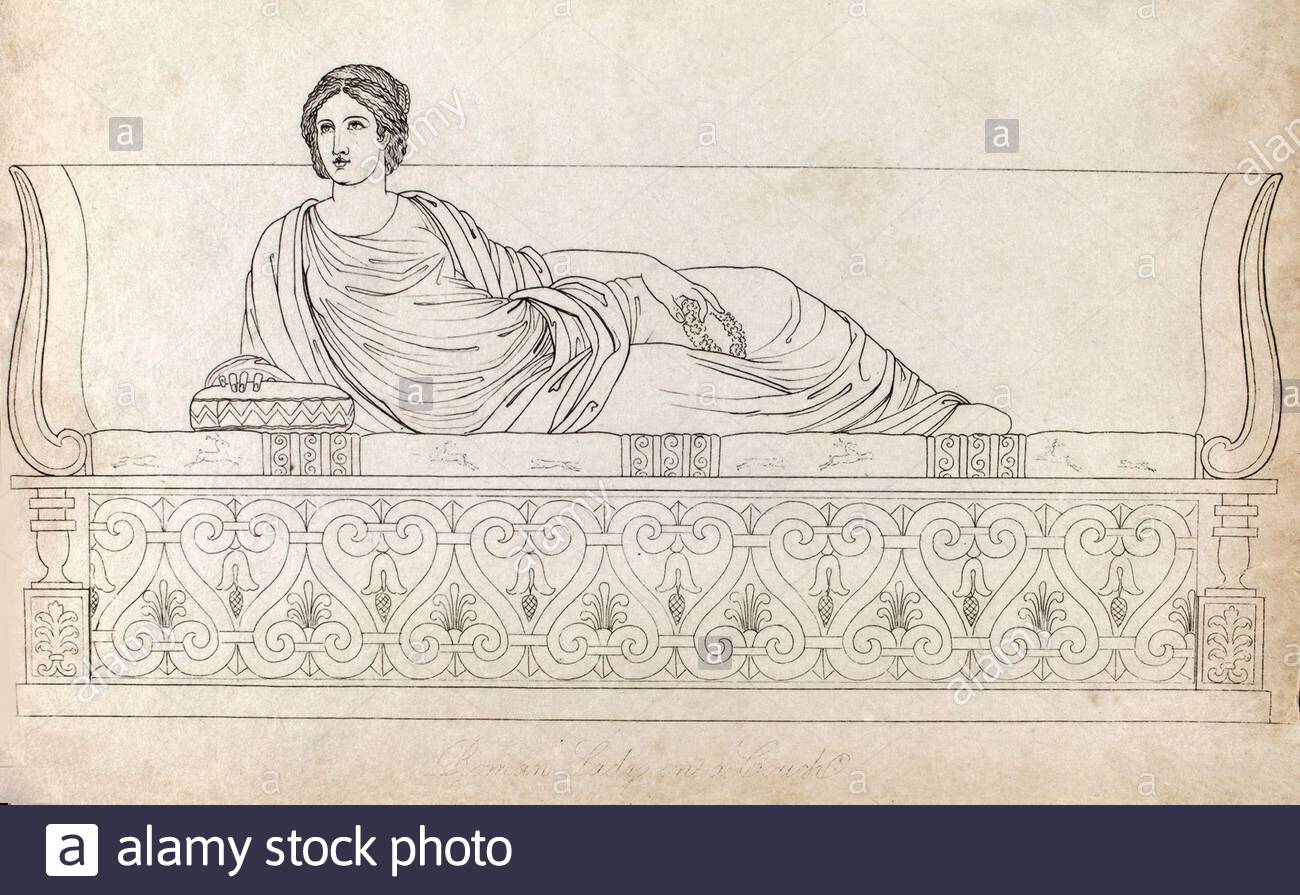 Rome antique, Dame romaine sur un canapé, illustration ancienne de 1814 Banque D'Images