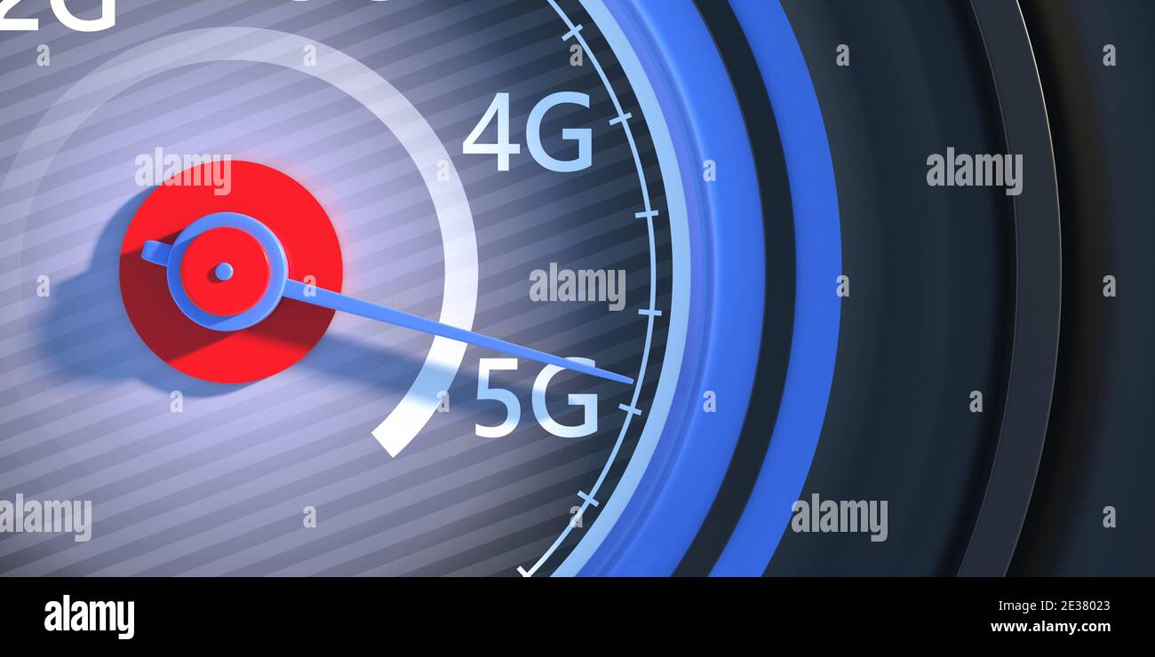 Technologie réseau sans fil 5G. Accès haut débit à Internet. Atteignant 5 g, compteur de vitesse de voiture, test de vitesse Internet, vue rapprochée. illustration 3d Banque D'Images