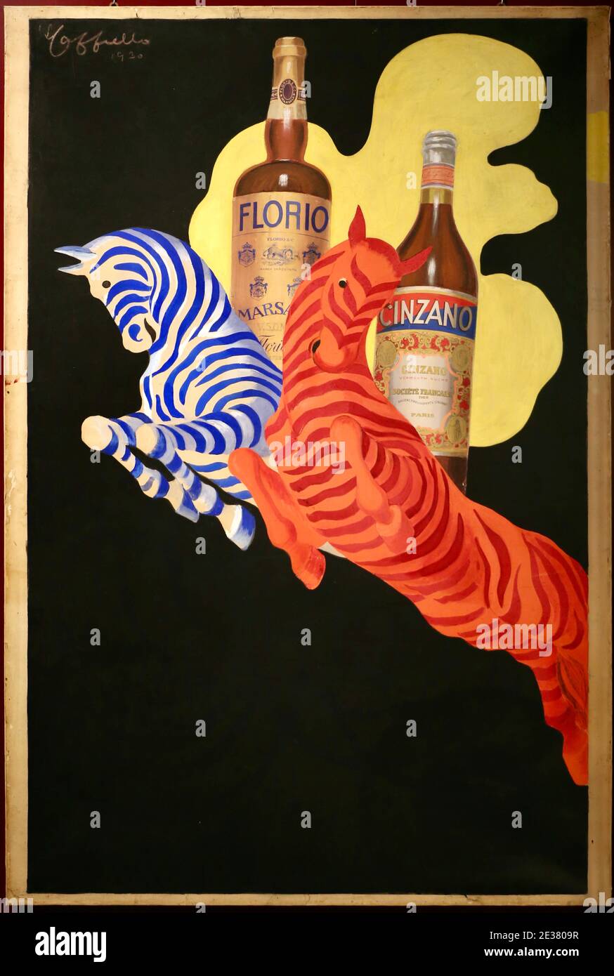 Affiche vintage pour Florio et Cinzano avec deux en-tête zèbres rouges et bleues devant les deux bouteilles od Florio et Cinzana 1930 Banque D'Images