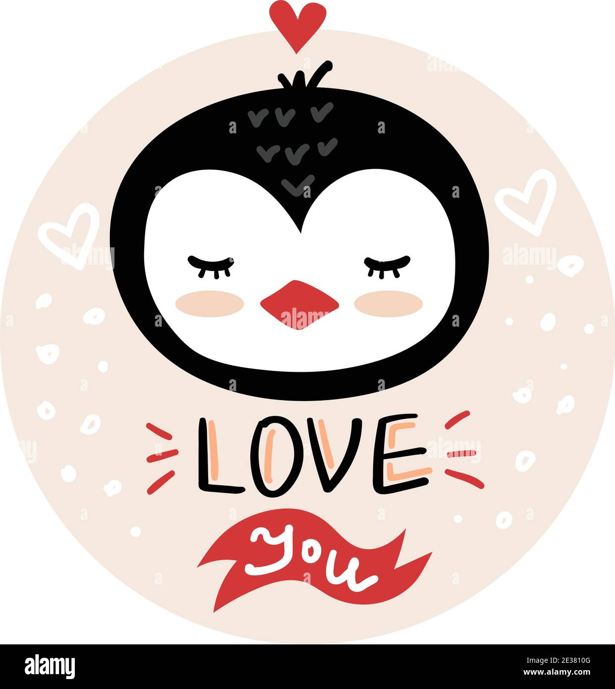 Vecteur, clip art, illustration de la Saint-Valentin dessinée à la main. Conte de fées drôle, animal de forêt, visage de pingouin. Autocollant, imprimé pour cartes, affiches t-shirts Illustration de Vecteur