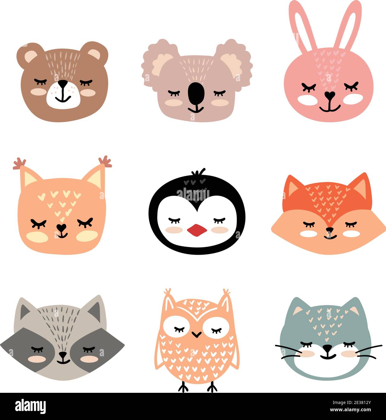 Ensemble vectoriel de faces d'animaux dessinées à la main. Conte de fées drôle, visages animaux de forêt. Autocollant, imprimé pour cartes, affiches t-shirts autres vêtements et plus. Illustration de Vecteur