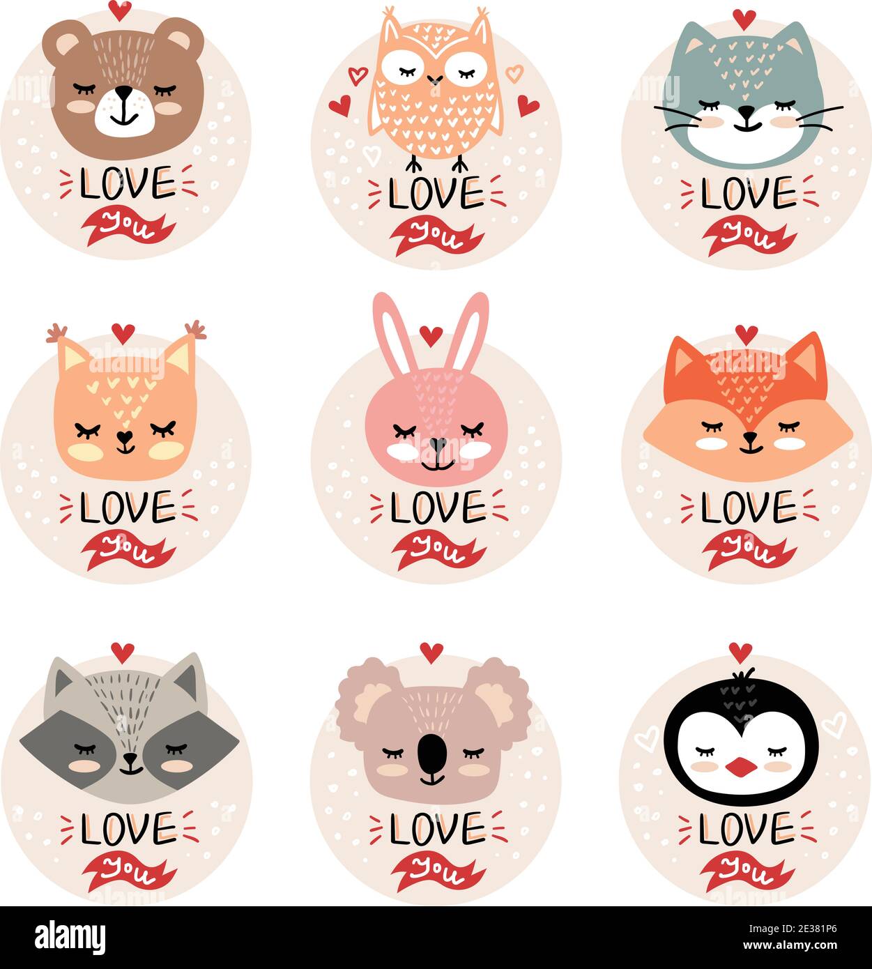 Ensemble vectoriel de faces d'animaux dessinées à la main. Illustration de la Saint-Valentin. Conte de fées drôle, visages animaux de forêt. Autocollant, imprimé pour cartes, affiches t-shirts Illustration de Vecteur