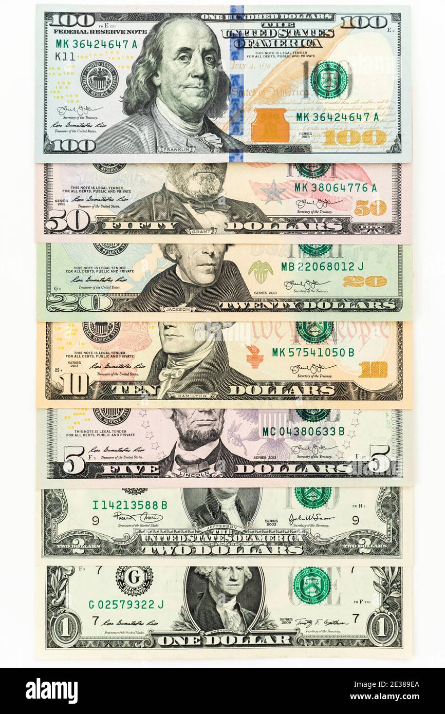 Dollars AMÉRICAINS. billets de 1, 2, 5, 10, 20, 50 et 100 dollars. Banque D'Images