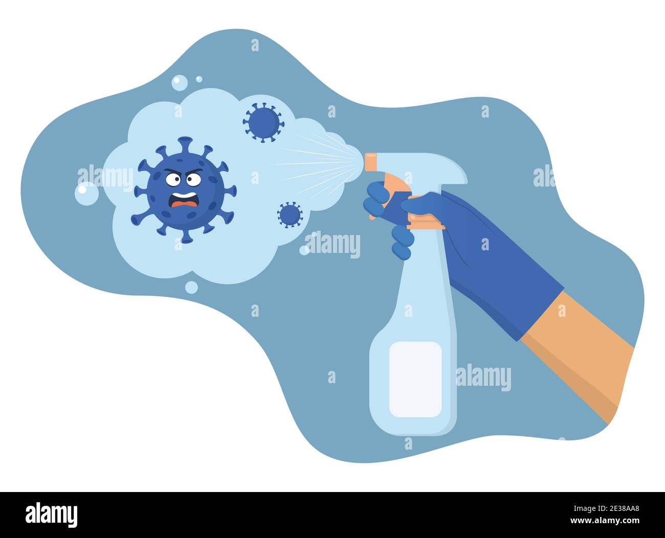 Personnage du coronavirus peur de vaporiser de l'assainisseur. La main dans un gant de protection contient un désinfectant en aérosol. Lutter contre le covid 19 avec la désinfection. Vecteur il Illustration de Vecteur