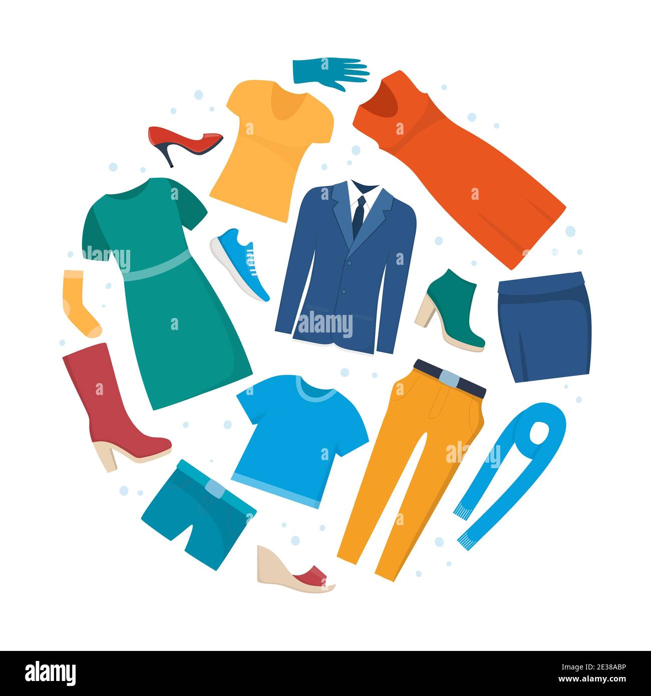 Ensemble de vêtements et d'accessoires pour icônes de mode. Vêtements et articles de pieds pour hommes et femmes. Vêtements décontractés de saison. Boutique, assortiment de salles d'exposition, wardrob personnel Illustration de Vecteur