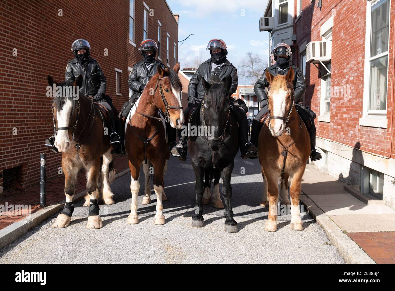 Harrisburg, Pennsylvanie.17 janvier 2021 : la police d'État de Pennsylvanie, montée, patrouille à la Pennsylvania State House à Harrisburg, Pennsylvanie. Après l'insurrection du 6 janvier 2021, les capitols d'État des États-Unis ont soulevé leur menace de sécurité à un statut d'alerte élevée après que le rapport fédéral a mis en garde contre les manifestations armées sur les capitols d'État du pays prévues pour le 17 janvier 2021 Credit: Brian Branch Price/ZUMA Wire/Alay Live News Banque D'Images