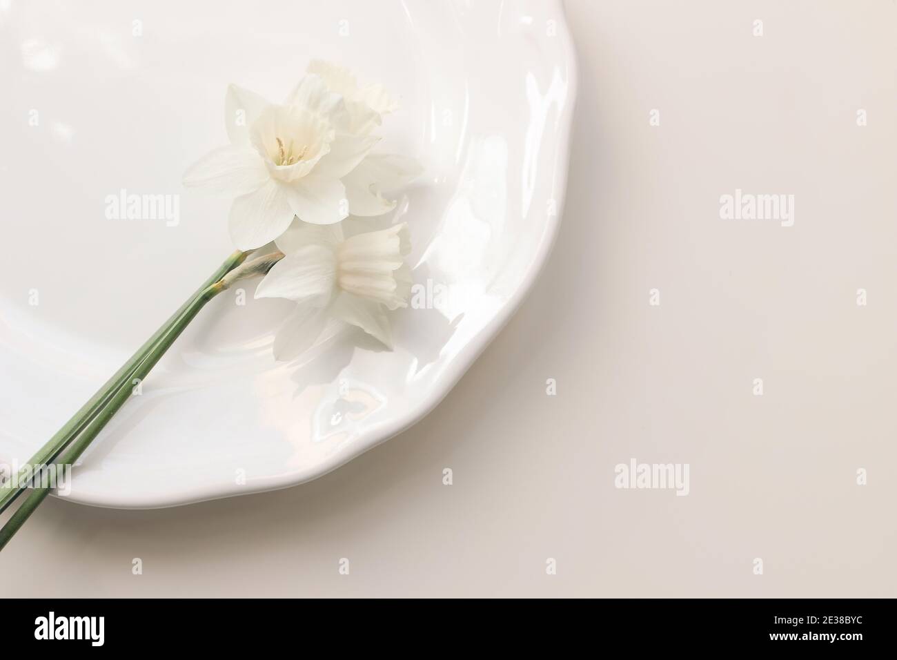 Photo stylisée. Printemps, Pâques scène féminine de bureau avec narcisse blanc, jonquilles fleurs sur plaque en porcelaine. Arrière-plan de la table beige. Floral Banque D'Images