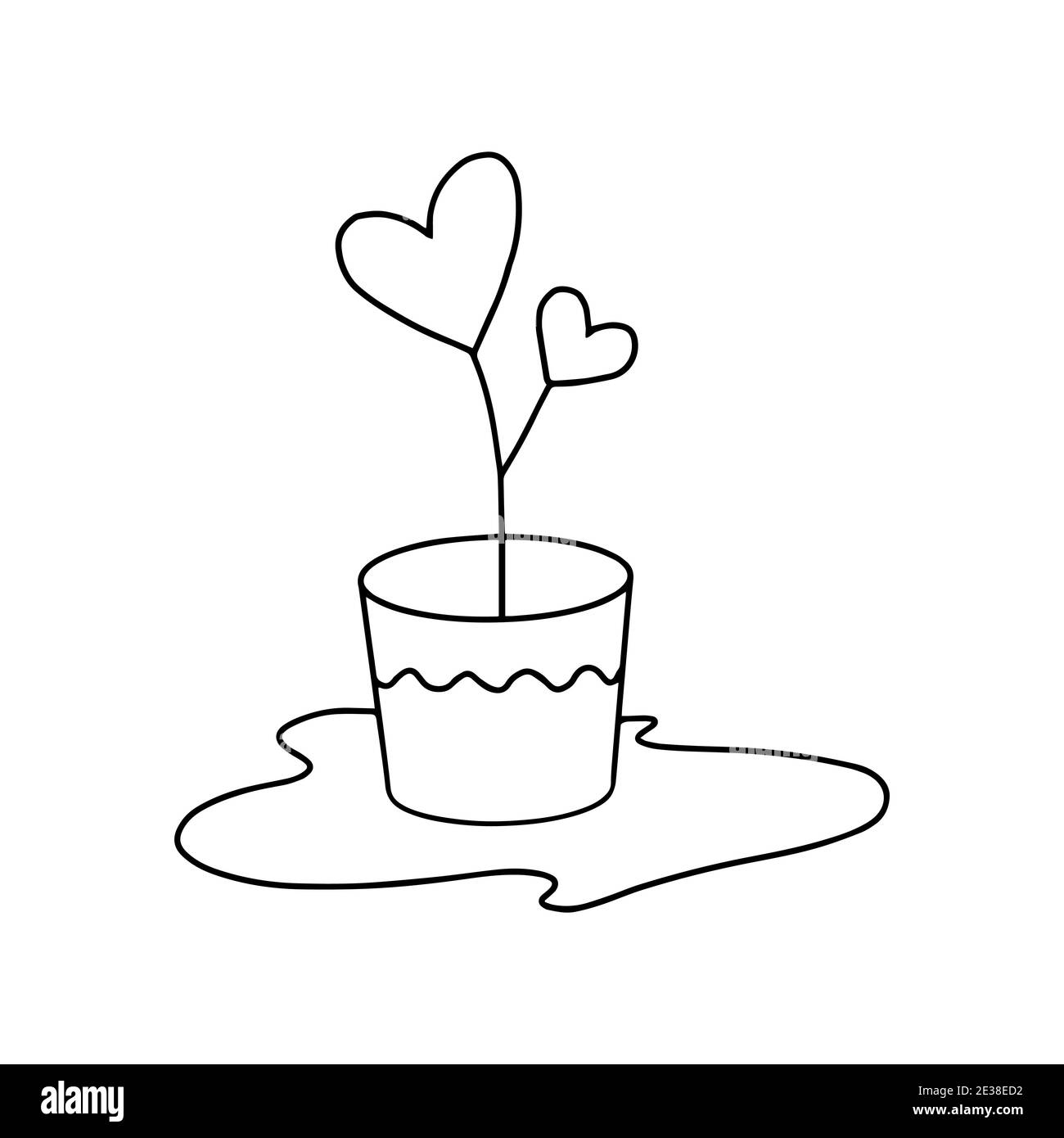 Doodle pour la Saint Valentin, mariage, événements romantiques. Fleur avec des feuilles en forme de coeur dans un pot de fleur. Illustration de Vecteur