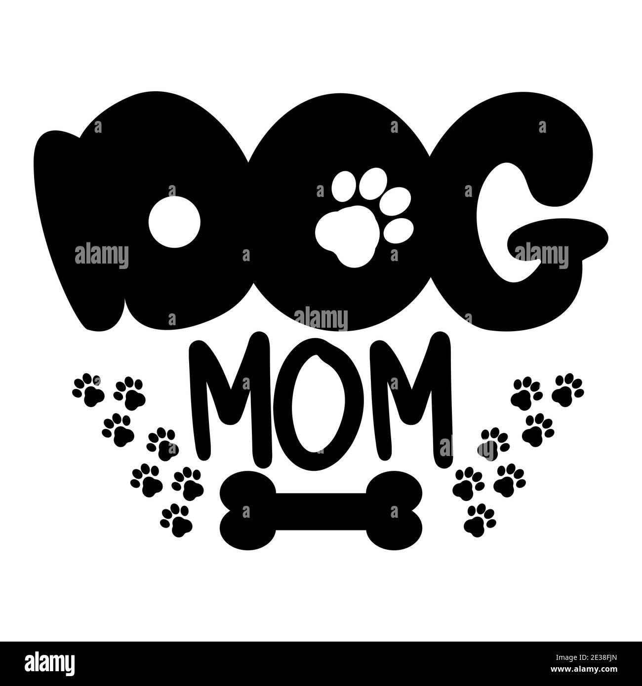 Joli dessin animé texte chien maman, décoré avec des marques de patte, os isolé sur fond blanc. Silhouette, illustration vectorielle monochrome. Illustration vectorielle Illustration de Vecteur
