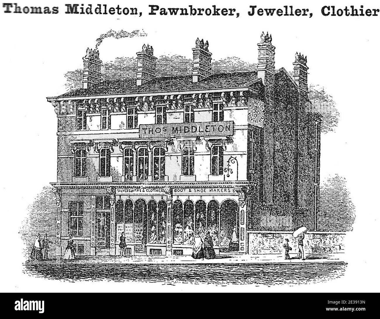 THOMAS MIDDLETON, BROKER, BIJOUTIER, CLOTHIER, LADY BRIDGE, LADY LANE, LEEDS, YORKSHIRE, ROYAUME-UNI. Gravure, gravure ou lithographie de l'époque victorienne. Banque D'Images