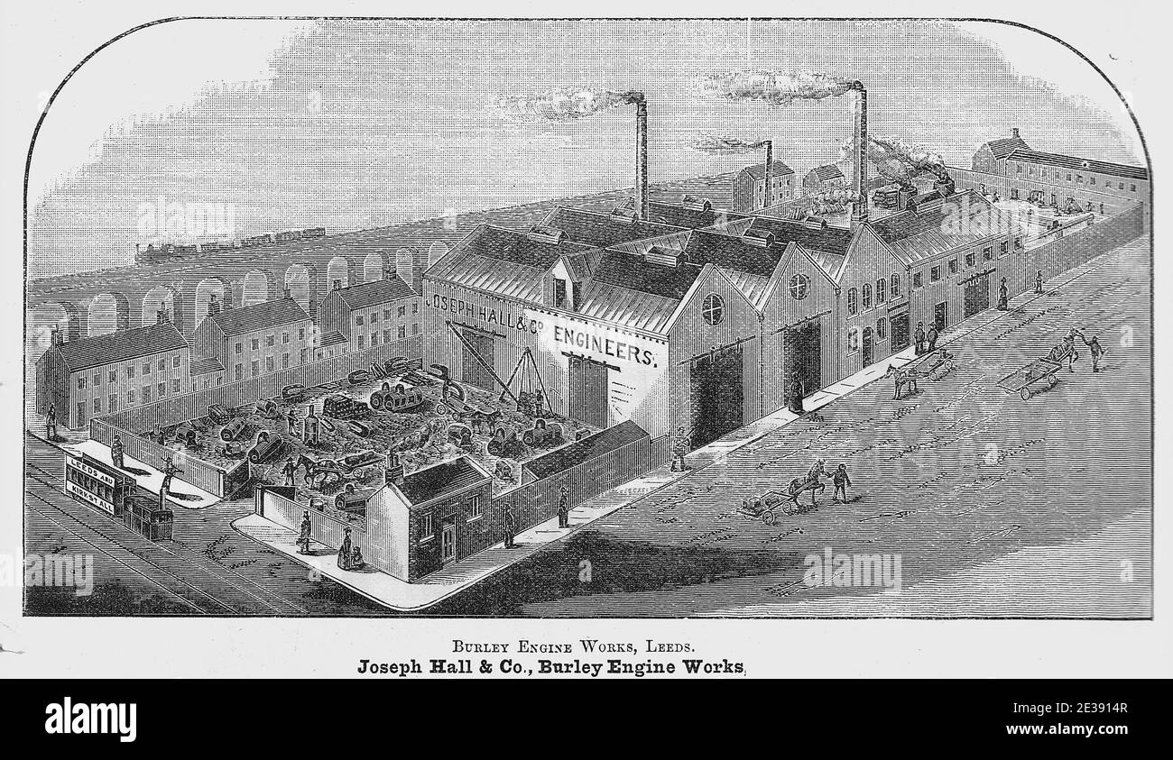 Joseph Hall & Co, Burley Engine Works, Leeds, Yorkshire, Royaume-Uni. Gravure, gravure ou lithographie de l'époque victorienne. Banque D'Images
