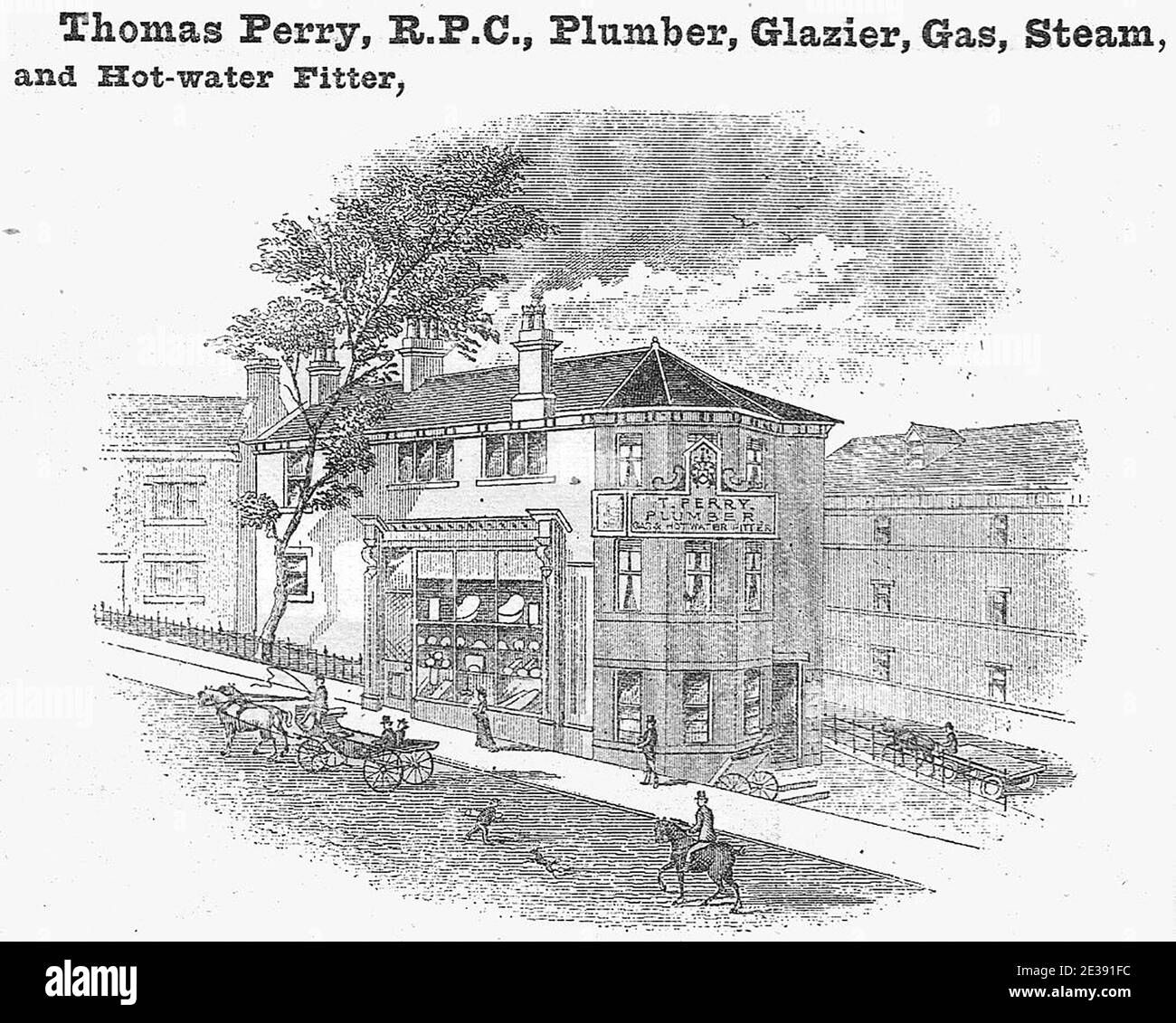 Thomas Perry, plombier, vitrier, monteur de vapeur et d'eau chaude. Gravure, gravure ou lithographie de l'époque victorienne. Banque D'Images