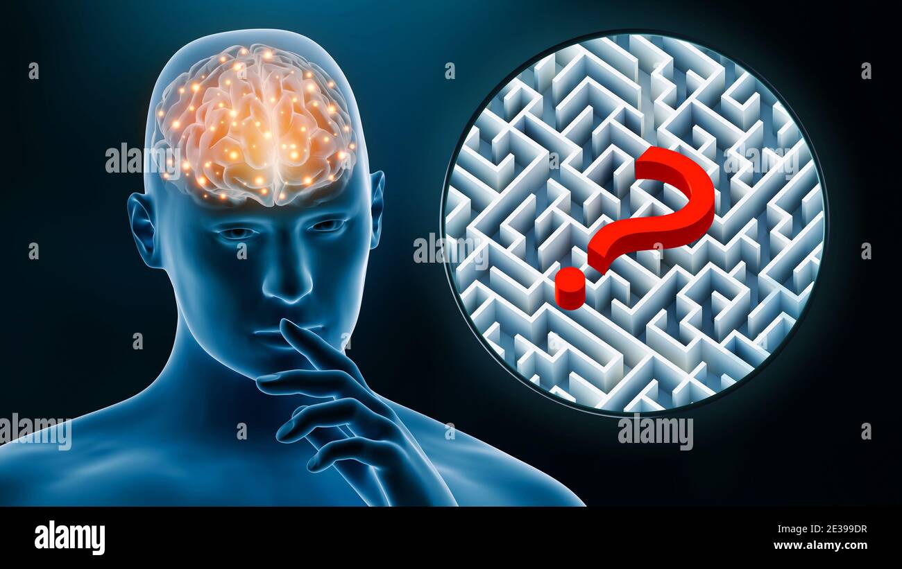 L'activité cérébrale de l'homme tout en pensant à l'illustration du rendu 3D. Neuroscience, neurologie, anatomie, science, médecine, psychologie, intellect, QI, énigme Banque D'Images