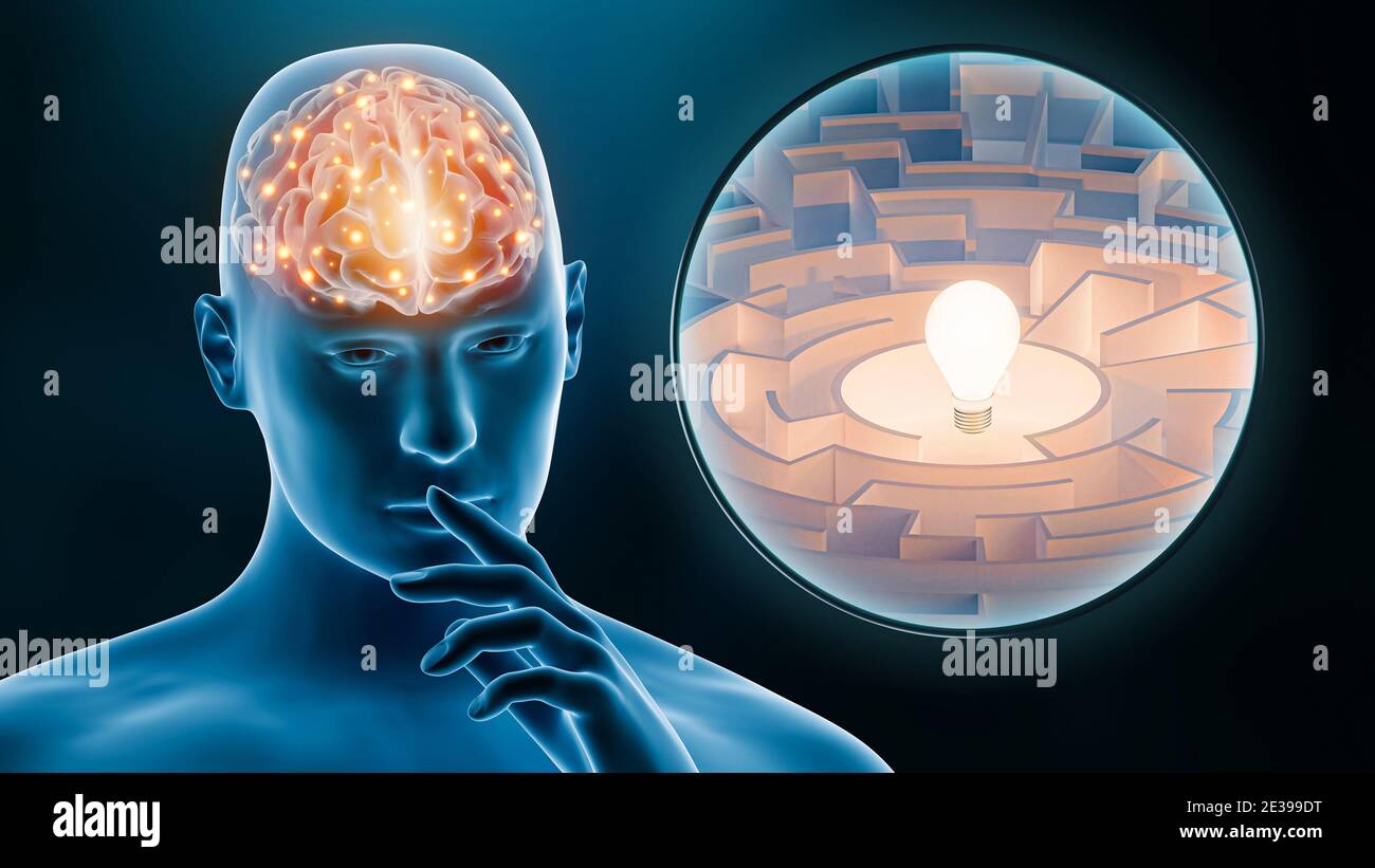 L'activité cérébrale de l'homme tout en pensant à l'illustration du rendu 3D. Neuroscience, neurologie, anatomie, science, médecine, psychologie, intellect, QI, énigme Banque D'Images