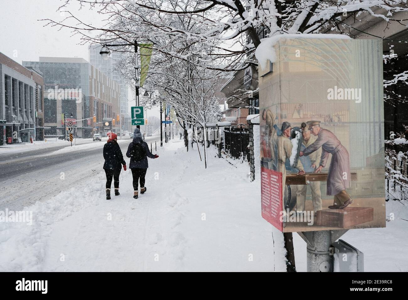 Ottawa enneigé! Scènes des environs d'Ottawa après un nouveau déversement de 25cm. Banks Street à Lansdowne, en direction du sud. Ontario, Canada. Banque D'Images