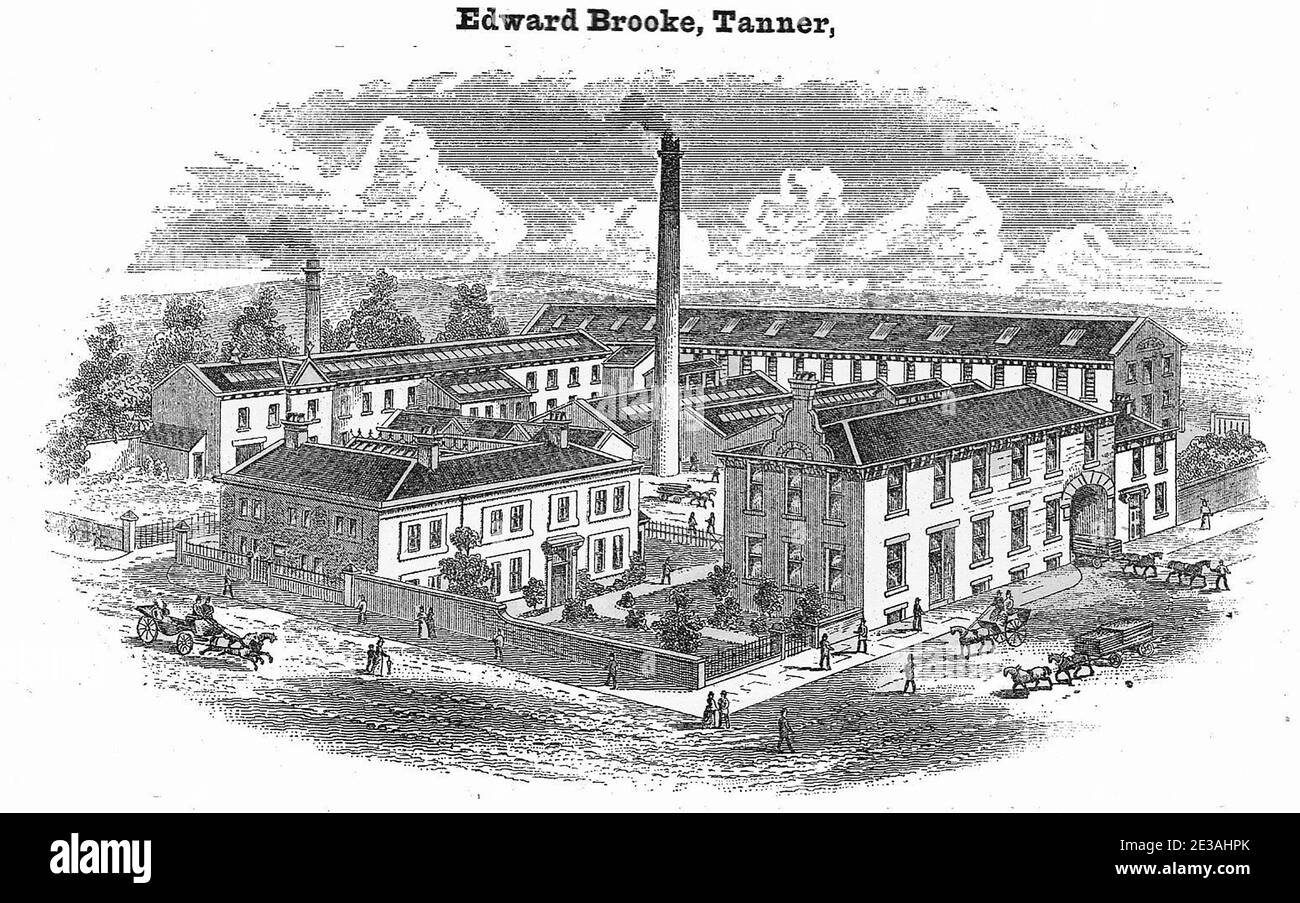 EDWARD BROOKE, TANNER, TANNERIE CROWTREES, CLECKHEATON, YORKSHIRE, ROYAUME-UNI. Gravure, gravure ou lithographie de l'époque victorienne. Banque D'Images