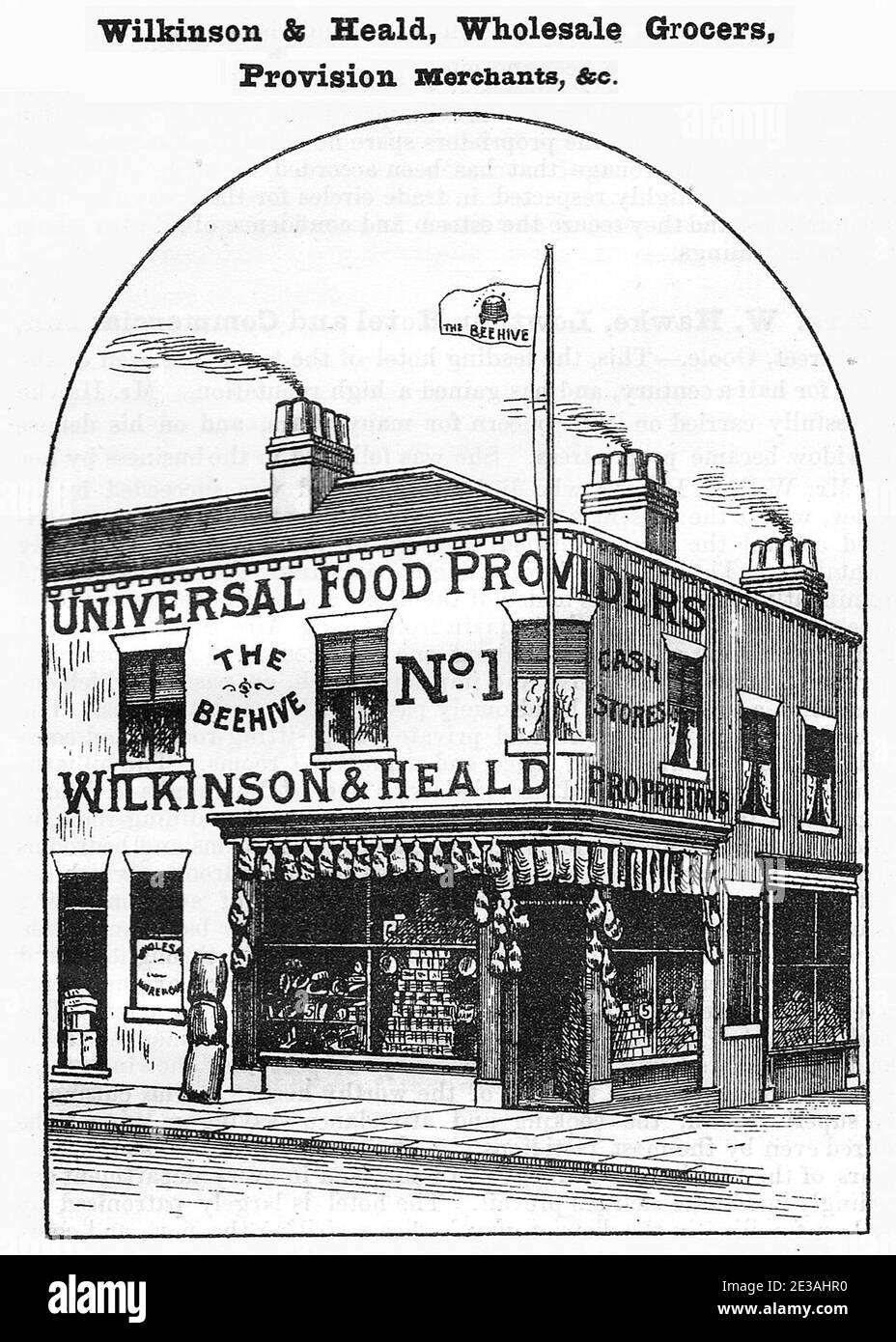 WILKINSON & HEALD, ÉPICERIES EN GROS, MARCHANDS DE PROVISION, BRIDGE STREET ET ST. BÂTIMENTS DE JOHN, ROUTE BOOTHFERRY, GOOLE. Gravure, gravure ou lithographie de l'époque victorienne. Banque D'Images