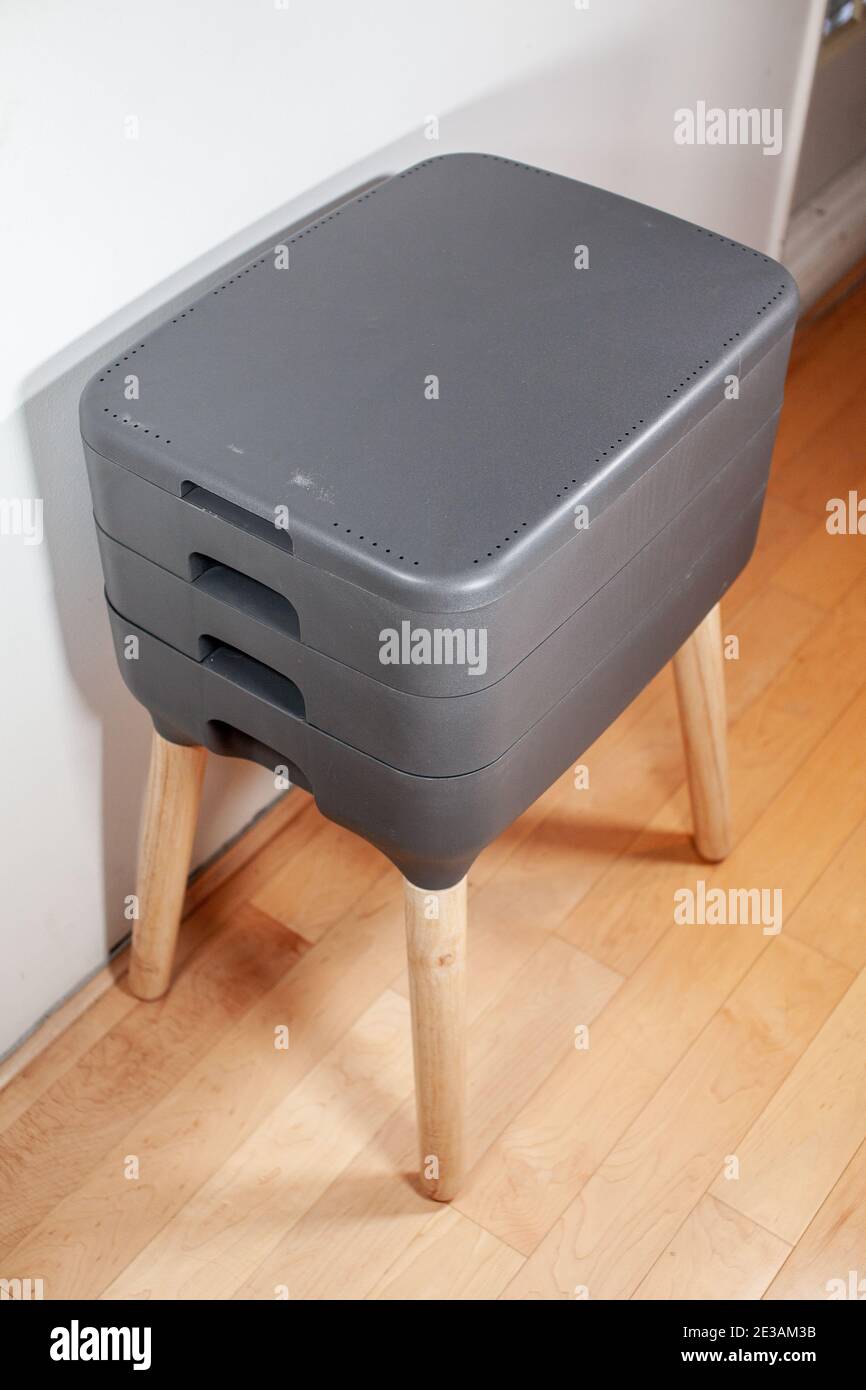 Une élégante, moderne regarder composter de ver intérieur est la solution parfaite pour la vie d'appartement, et le compostage de votre maison déchets de cuisine! Ce 3 niveau W Banque D'Images