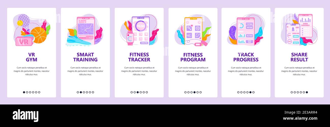 Entraînement intelligent, tracker d'activité, gymnase de réalité virtuelle. Écrans d'intégration d'applications mobiles, modèle de bannière de site Web vectoriel. Illustration de Vecteur