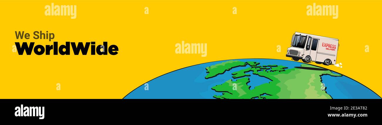 nous expédions dans le monde entier bannière, livraison van style de dessin animé conduire autour de l'illustration vectorielle du globe Illustration de Vecteur