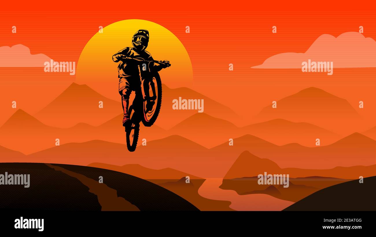 MTB cavalier saut coucher de soleil dans la vue montagne arrière-plan plat style vecteur d'illustration Illustration de Vecteur