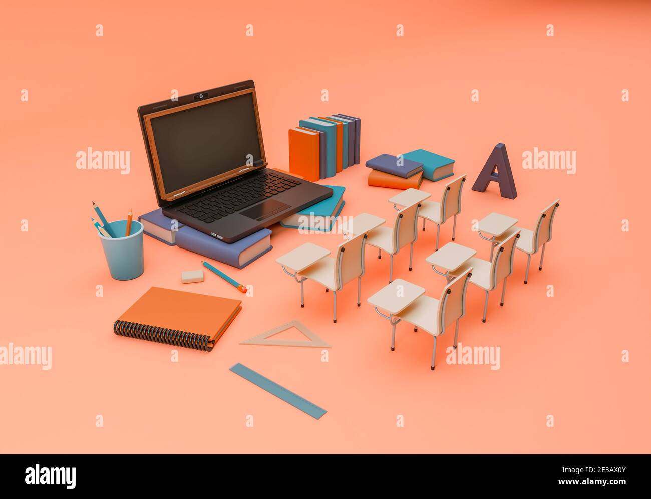 Illustration 3D. Fournitures scolaires et articles avec ordinateur portable. Banque D'Images