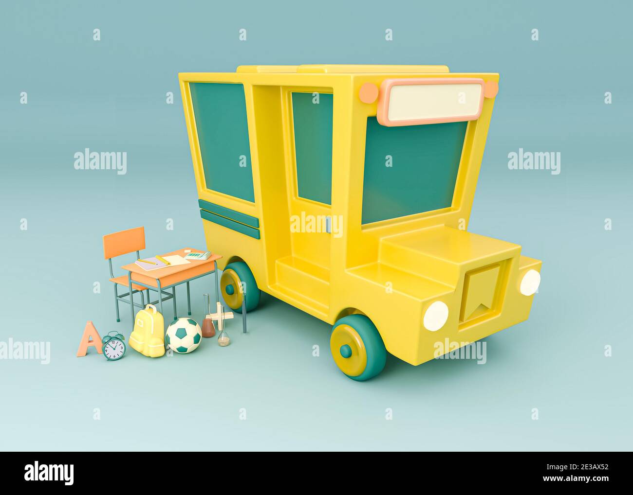 Illustration 3D. Bus scolaire avec fournitures scolaires. Banque D'Images