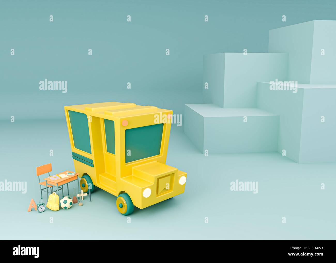 Illustration 3D. Bus scolaire avec fournitures scolaires. Banque D'Images