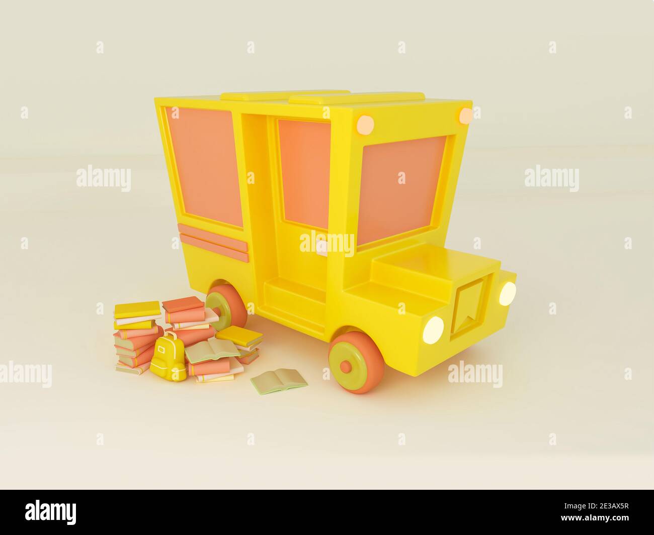 Illustration 3D. Bus scolaire avec fournitures scolaires. Banque D'Images