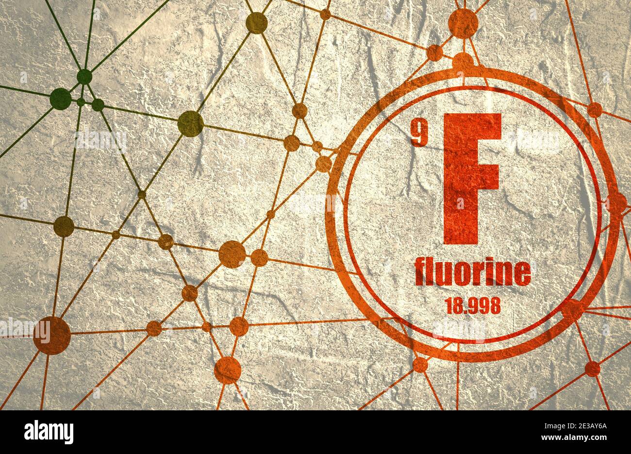 L'élément chimique du fluor. Signer avec le numéro atomique et la masse atomique. L'élément chimique du tableau périodique. Arrière-plan de la communication et de la molécule. Conne Banque D'Images