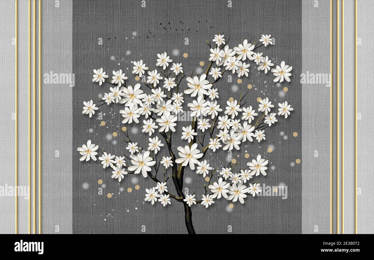 Arrière-plan en tissu gris avec taches colorées, lignes verticales, bois fin avec grandes fleurs blanches Banque D'Images