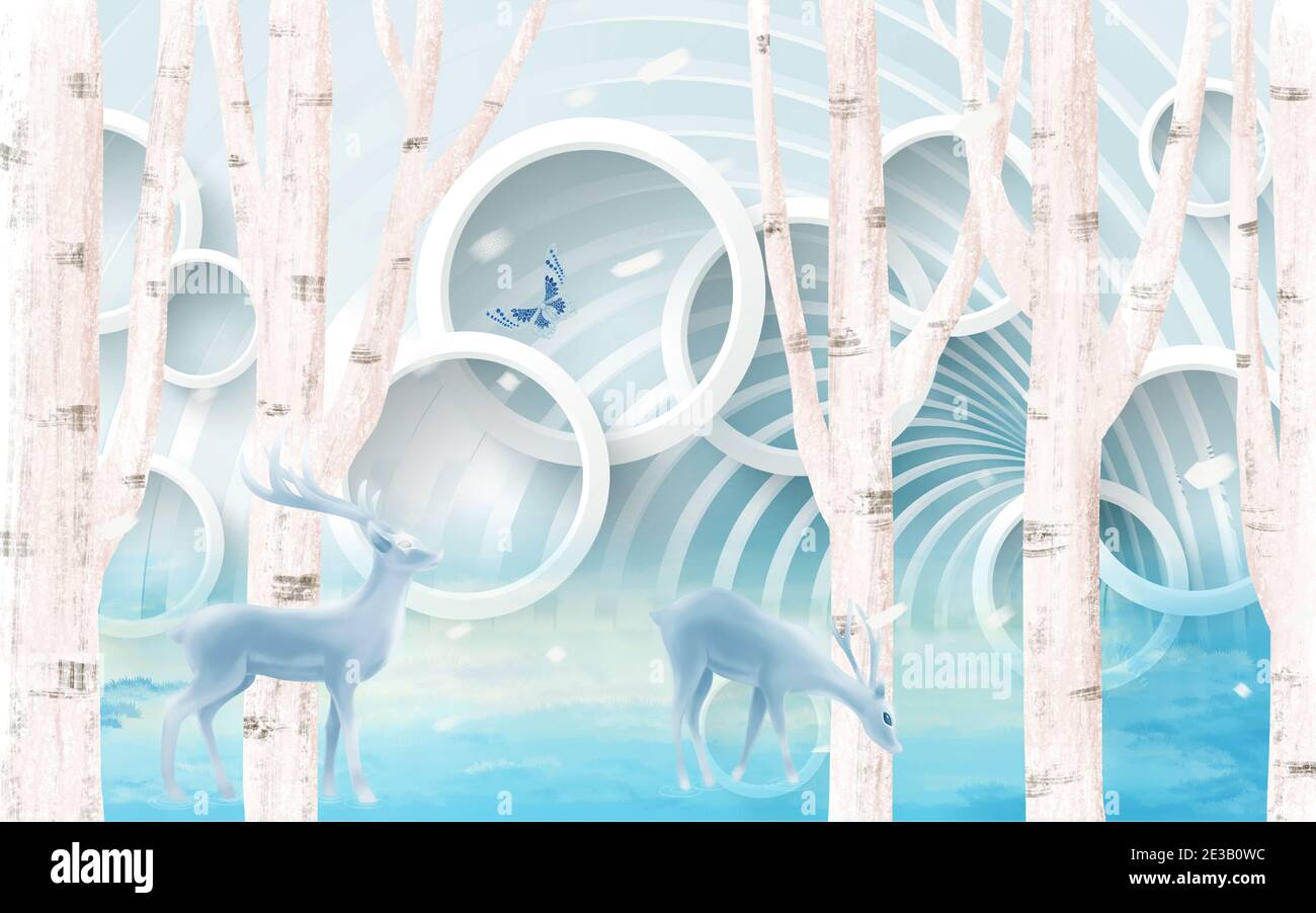 illustration 3d, fond bleu clair, arches, anneaux blancs, troncs de bouleaux, cerf bleu Banque D'Images