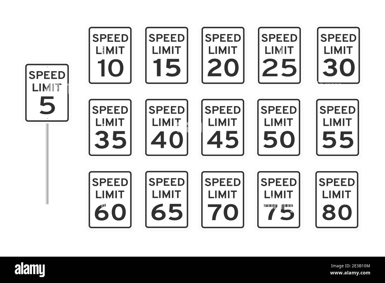 Limite de vitesse route icône panneaux de signalisation définir un style plat design illustration vectorielle isolée sur fond blanc. Signalisation routière standard verticale avec texte et Illustration de Vecteur