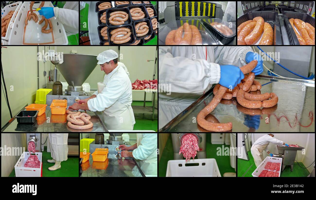 Collage de photographies montrant les travailleurs de l'usine de viande au travail de transformation de la viande.Boucher faisant des saucisses à l'abattoir. Vide automatique pour l'emballage de la viande Banque D'Images