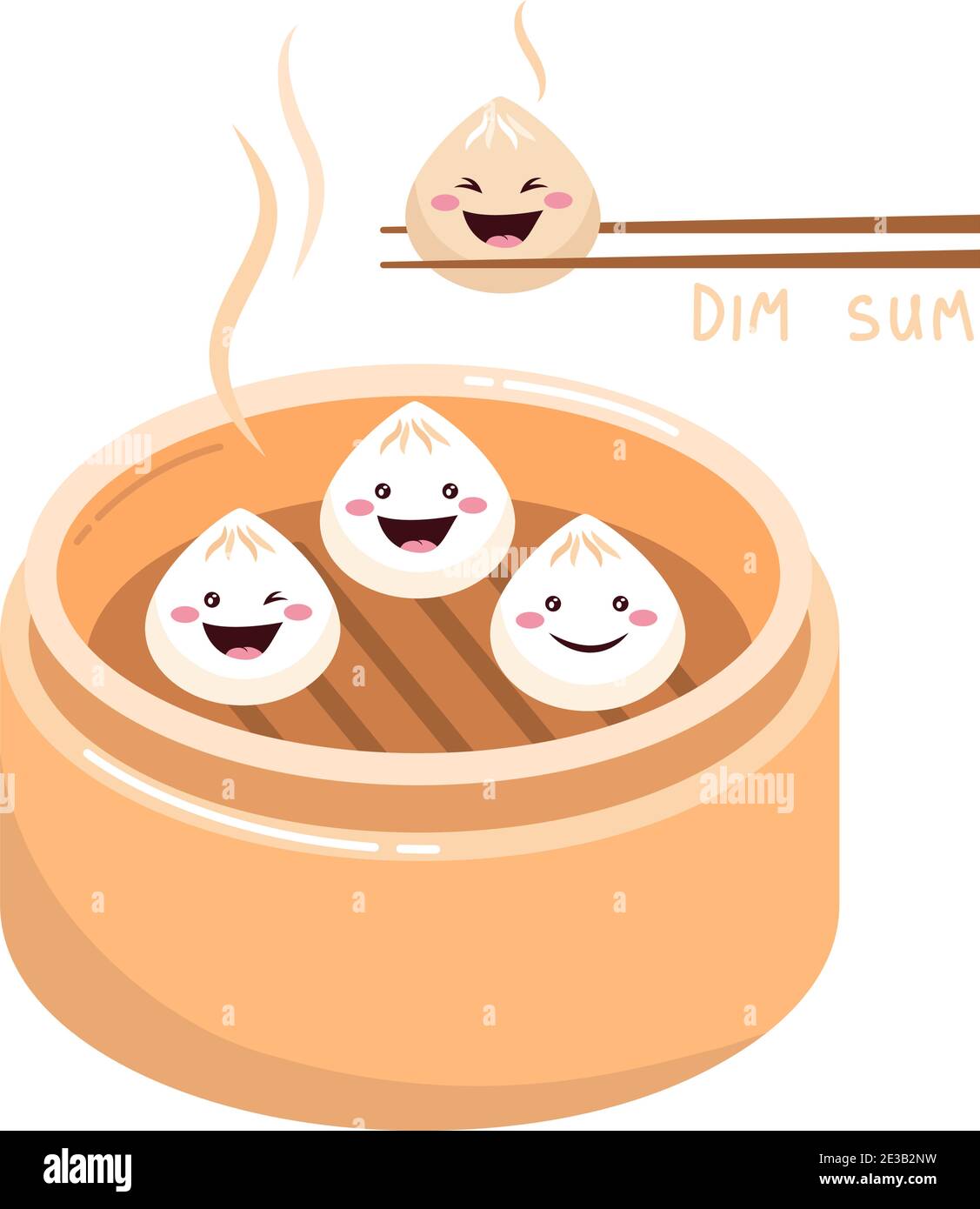 Mignon dessin animé Dim Sum, boulettes chinoises traditionnelles, avec visages souriants. Illustration du vecteur alimentaire asiatique. Illustration de Vecteur