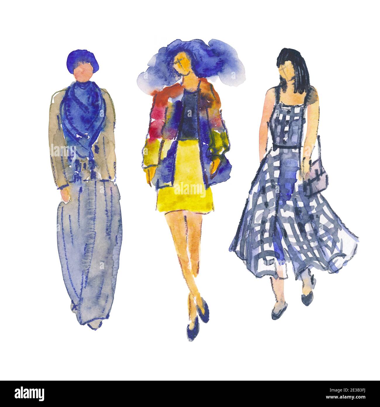 Illustration dessinée à la main : personnes stylisées. Esquisses aquarelles. Trois femmes habillées à la mode Banque D'Images