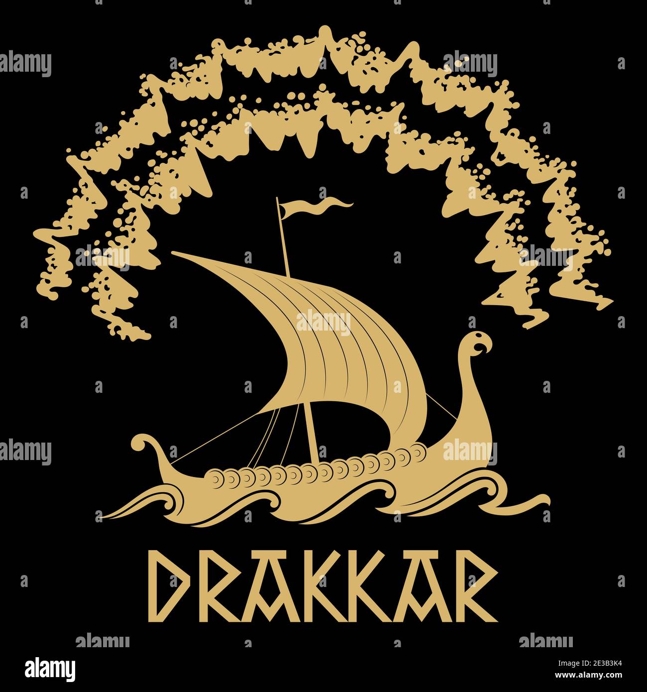 Viking, design scandinave. Drakkar avec une tête de dragons et des aurores boréales Illustration de Vecteur