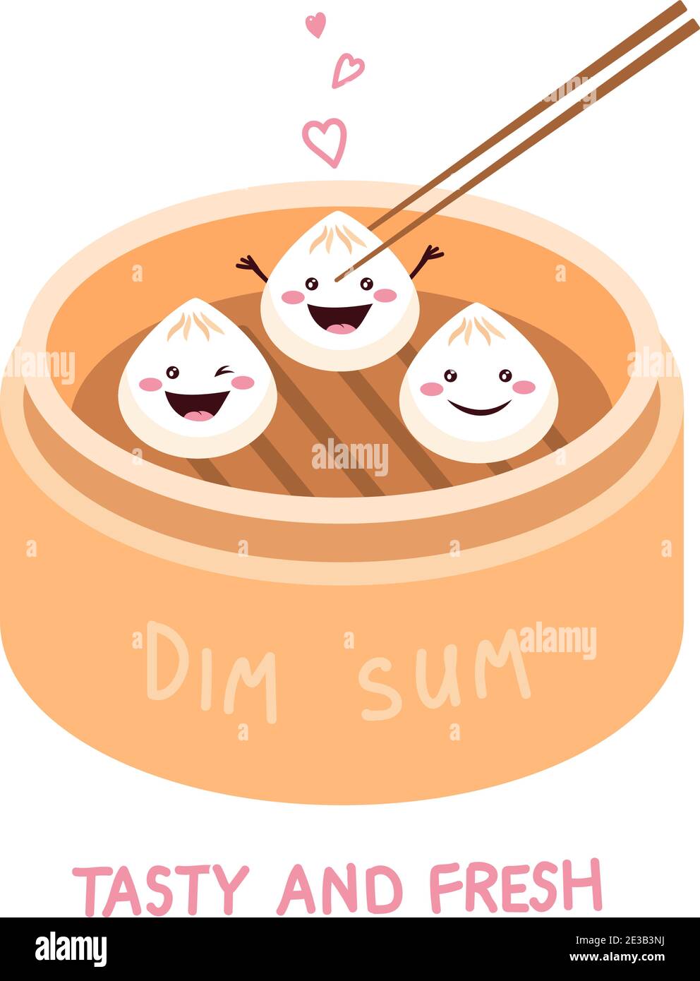Mignon dessin animé Dim Sum, boulettes chinoises traditionnelles, avec visages souriants. Illustration du vecteur alimentaire asiatique. Illustration de Vecteur