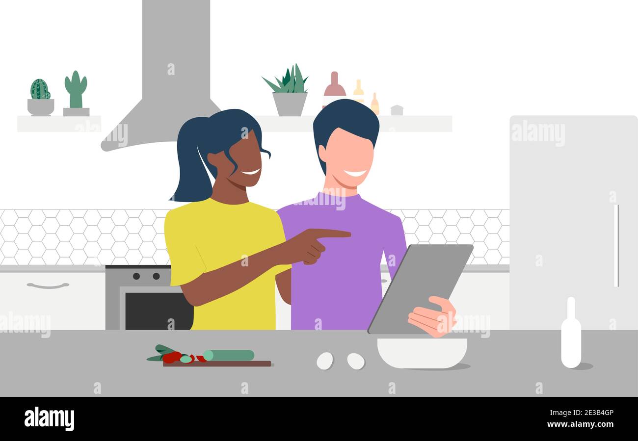 Heureux couple multiethnique regarde sur la tablette et de choisir la recette dans leur cuisine. École culinaire en ligne. Cours en ligne, e-learning. SPE 10. Illustration de Vecteur