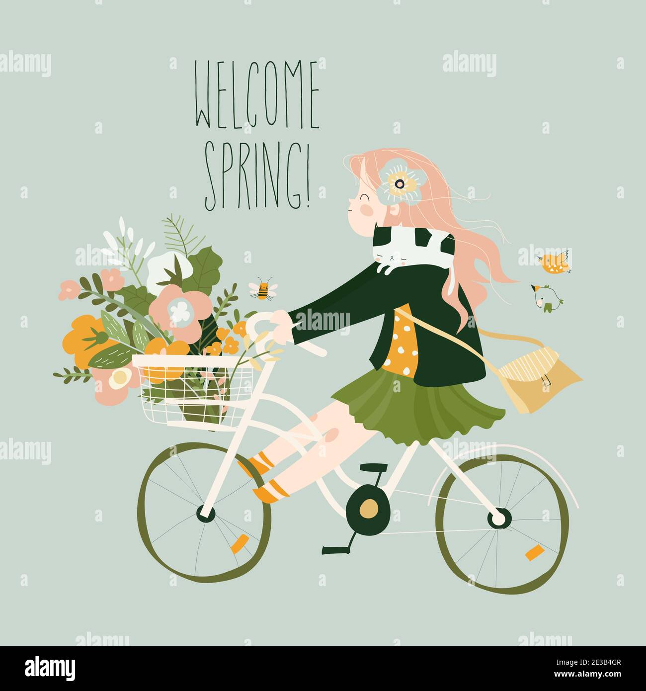 Jolie petite fille de dessin animé est vélo d'équitation avec le bouquet de printemps de fleurs Illustration de Vecteur
