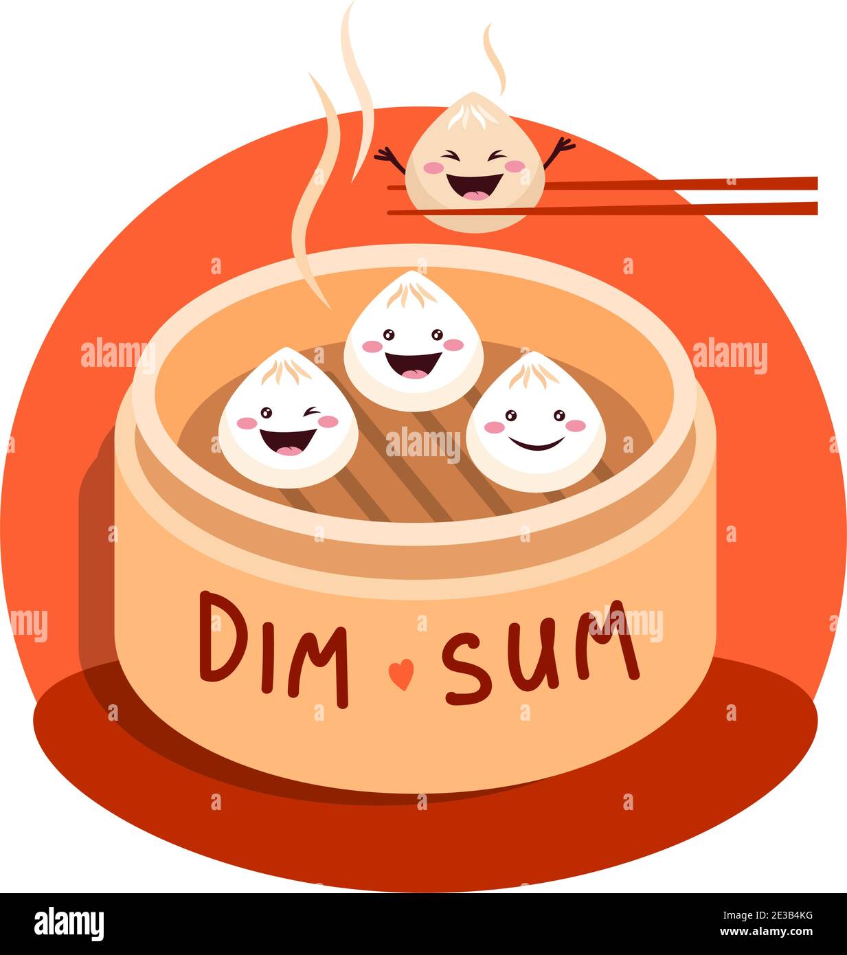 Mignon dessin animé Dim Sum, boulettes chinoises traditionnelles, avec visages souriants. Illustration du vecteur alimentaire asiatique. Illustration de Vecteur