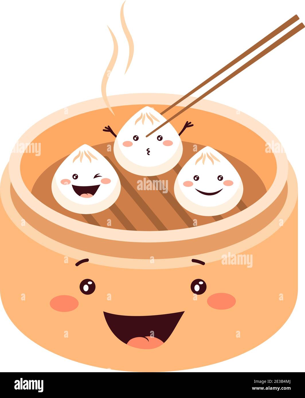 Mignon dessin animé Dim Sum, boulettes chinoises traditionnelles, avec visages souriants. Illustration du vecteur alimentaire asiatique. Illustration de Vecteur