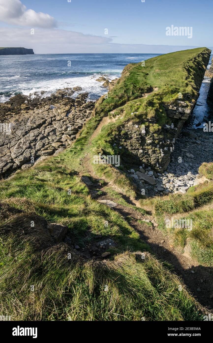 Vue sur les falaises et les vagues qui s'écrasant sur la côte du brough de Birsay, Orkney, Écosse Banque D'Images