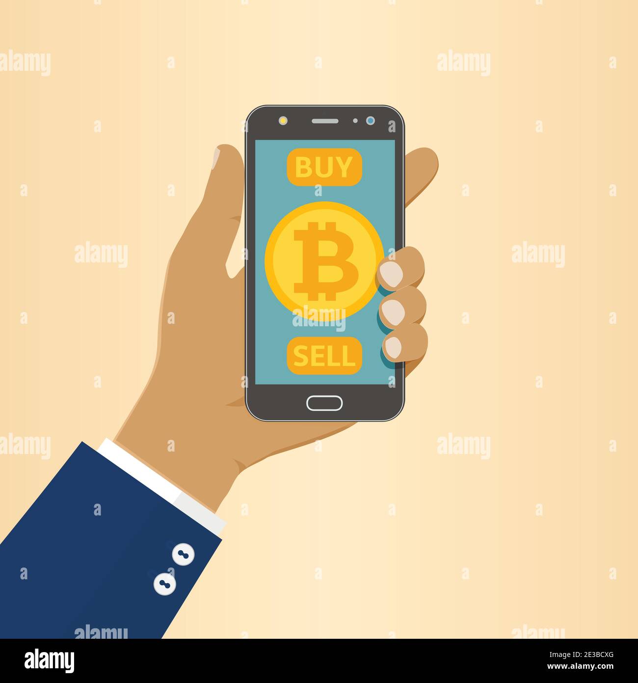 Un homme d'affaires afro-américain tient un téléphone avec le symbole Bitcoin sur l'écran de l'application mobile avec DES boutons D'ACHAT et DE VENTE. Illustration vectorielle plate. Illustration de Vecteur
