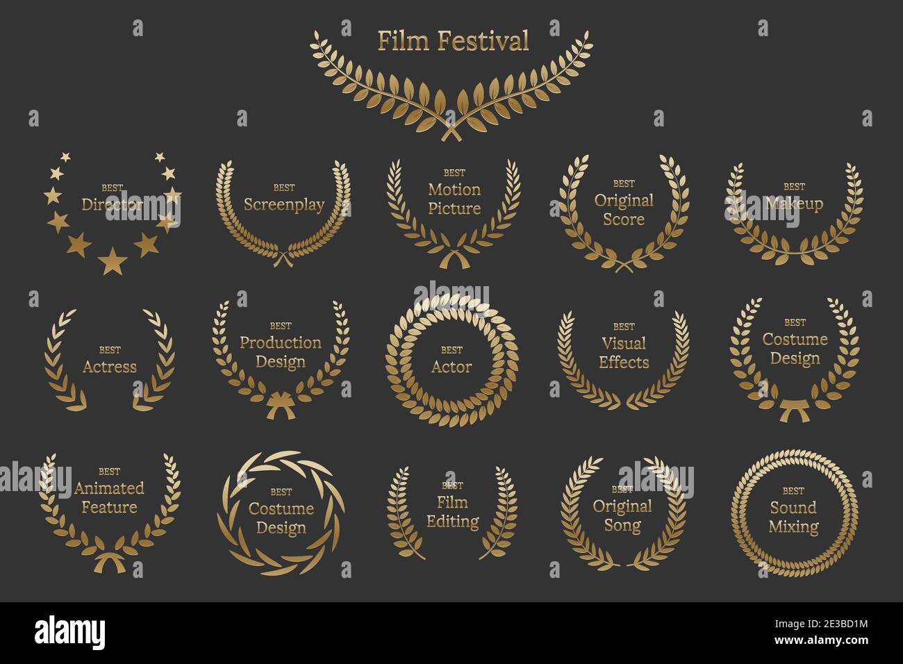 Des couronnes de lauriers dorées avec différentes nominations isolées sur fond gris. Éléments de conception Vector film Awards Illustration de Vecteur
