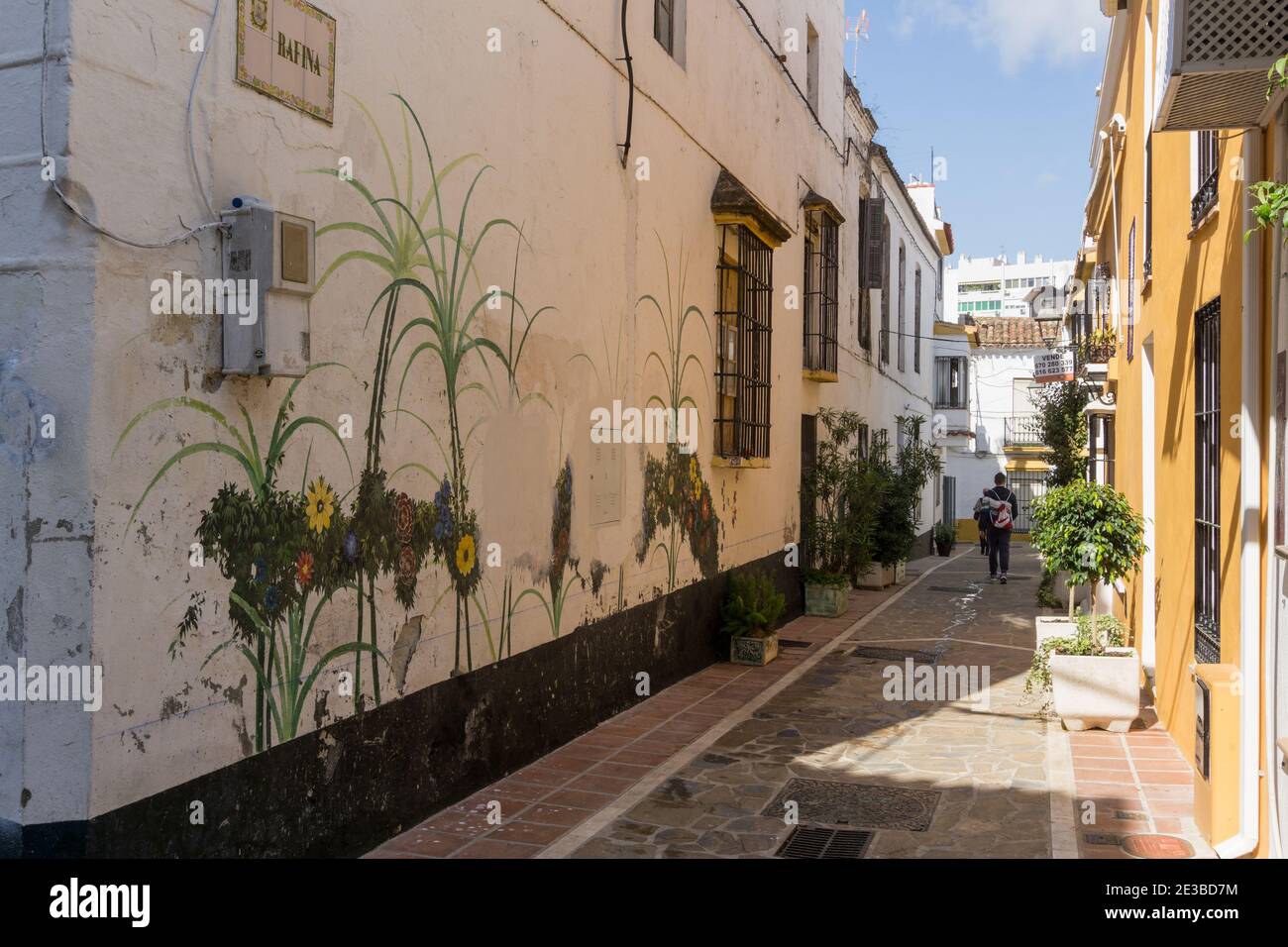 Rue pittoresque et étroite dans la vieille ville, Marbella, Andalousie, Espagne Banque D'Images