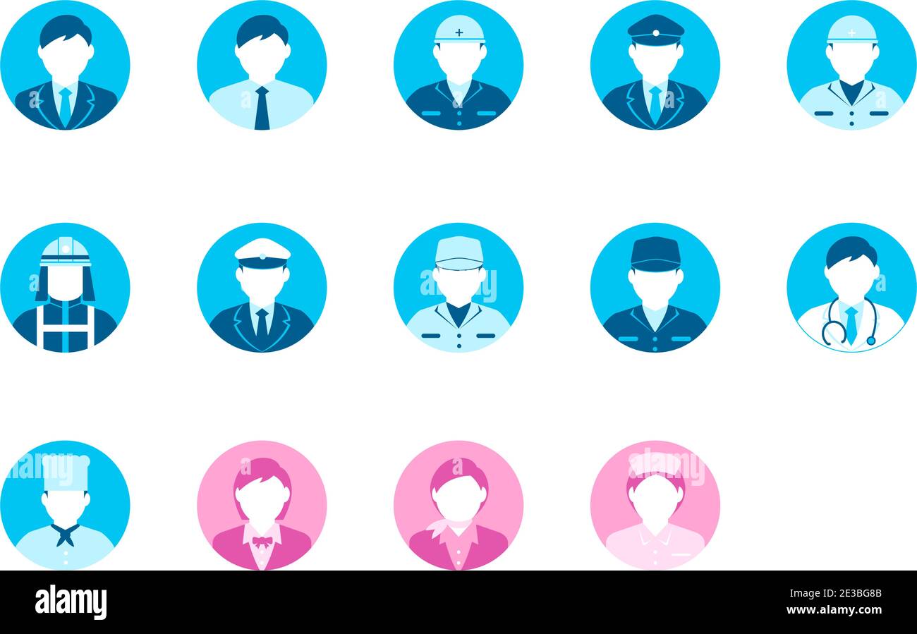 Ensemble d'illustrations d'icône d'avatar de travailleur circulaire (haut du corps) / personne d'affaires, travailleur de col bleu, homme de police, cuisinier , médecin etc Illustration de Vecteur