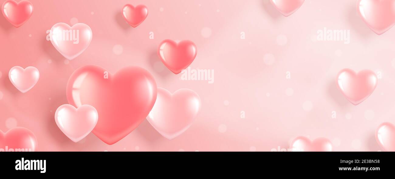 Bannière horizontale avec ballons en forme de coeur rose sur fond rose. Illustration romantique pour la Saint-Valentin et la Journée internationale de la femme. VVecto Illustration de Vecteur